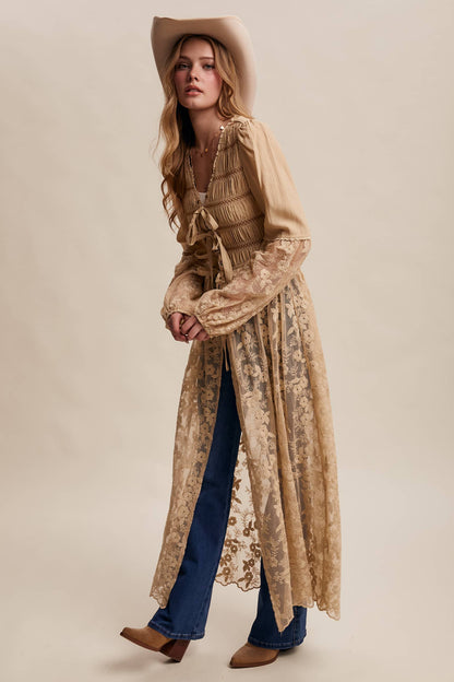 Lace-Up Embroidered Maxi Kimono