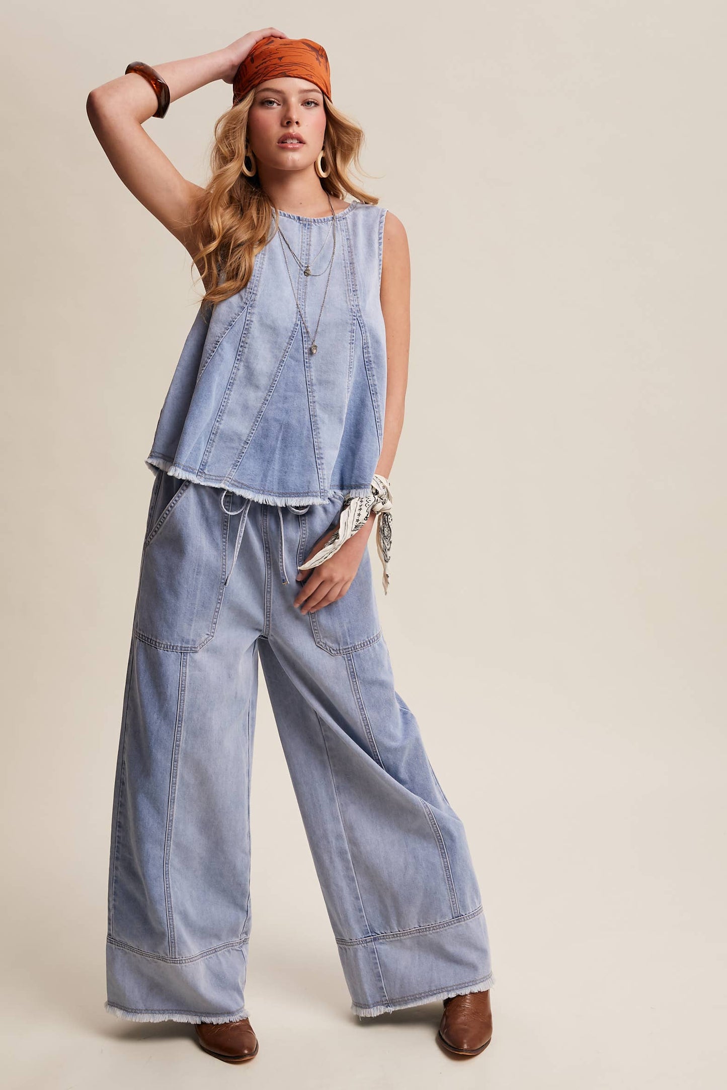 Washed Denim Tank & Wide-Leg Pants Set