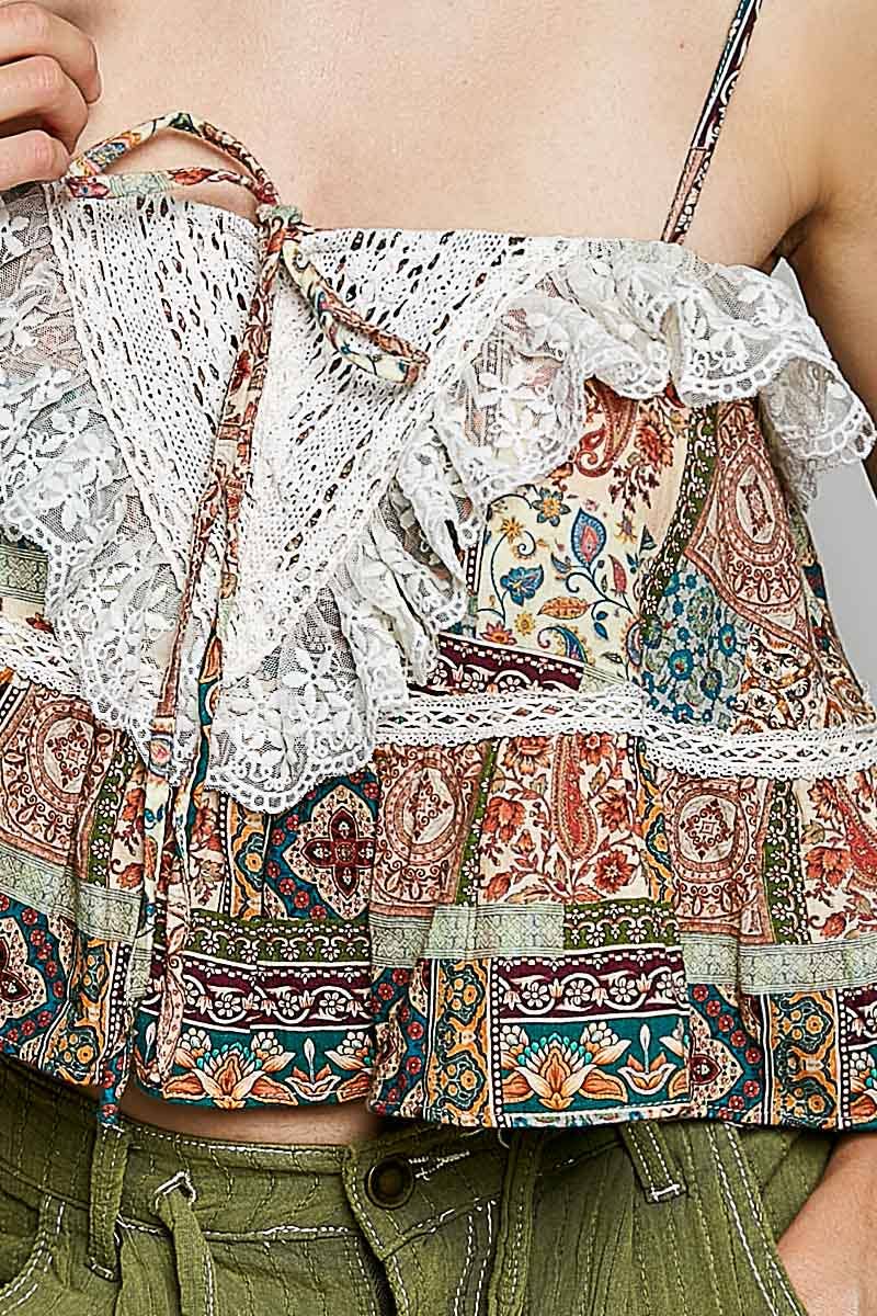 Lace Ruffles Ribbon Tie Cropped Floral Sleeveless Top