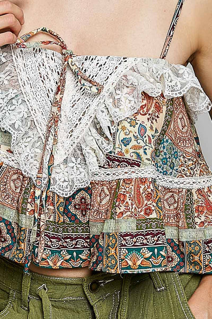 Lace Ruffles Ribbon Tie Cropped Floral Sleeveless Top