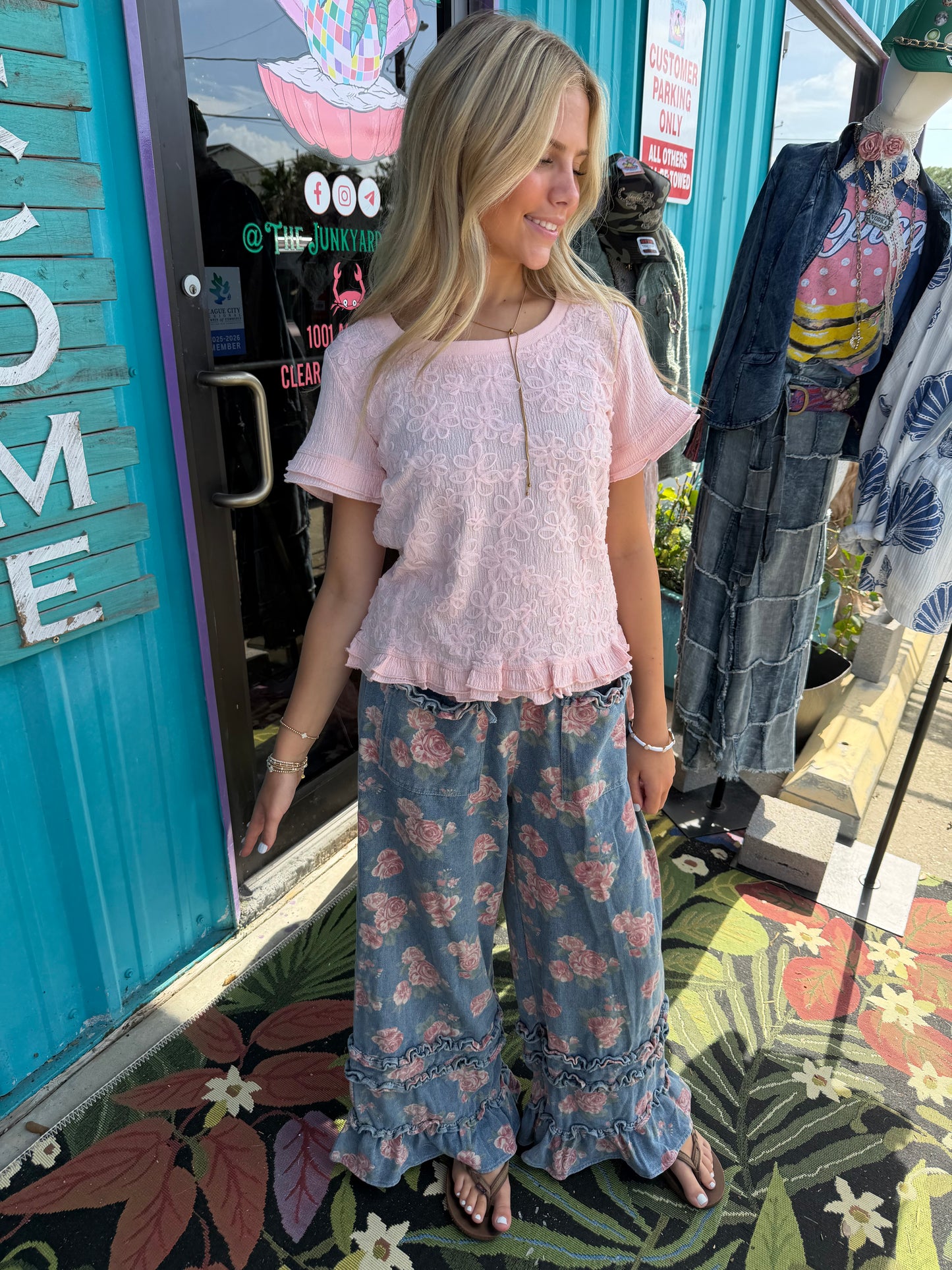 WASHED FLORAL DENIM WITH RUFFLE ELASTIC WIDE PANTS