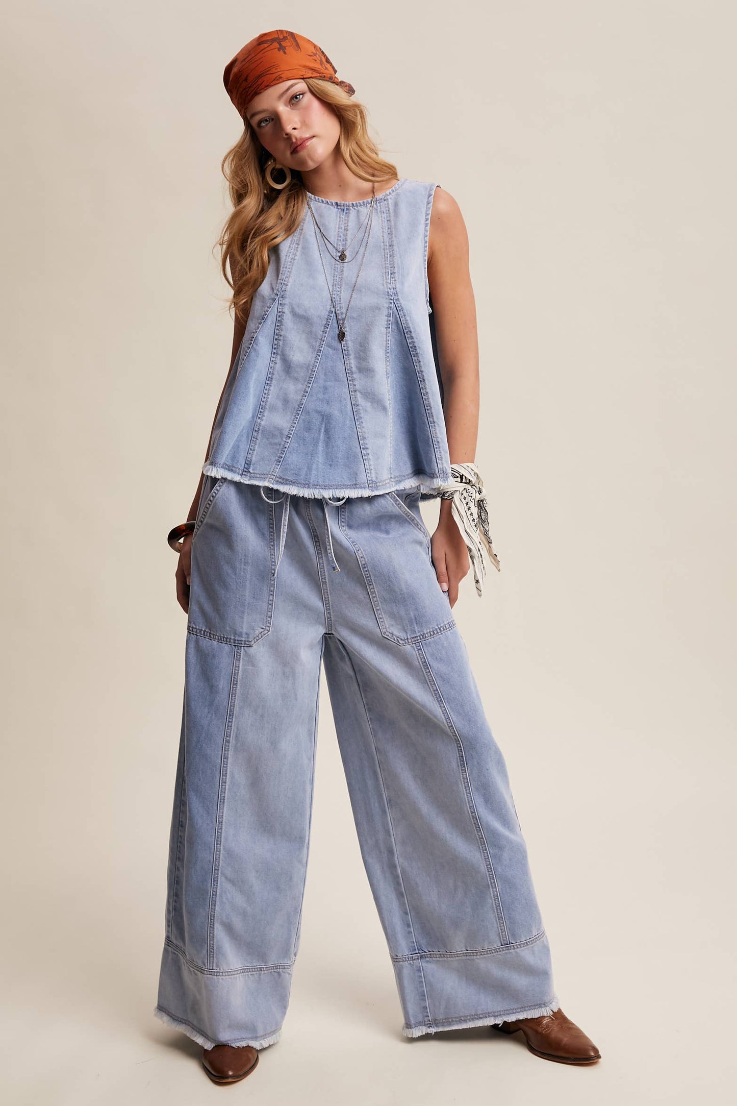 Washed Denim Tank & Wide-Leg Pants Set