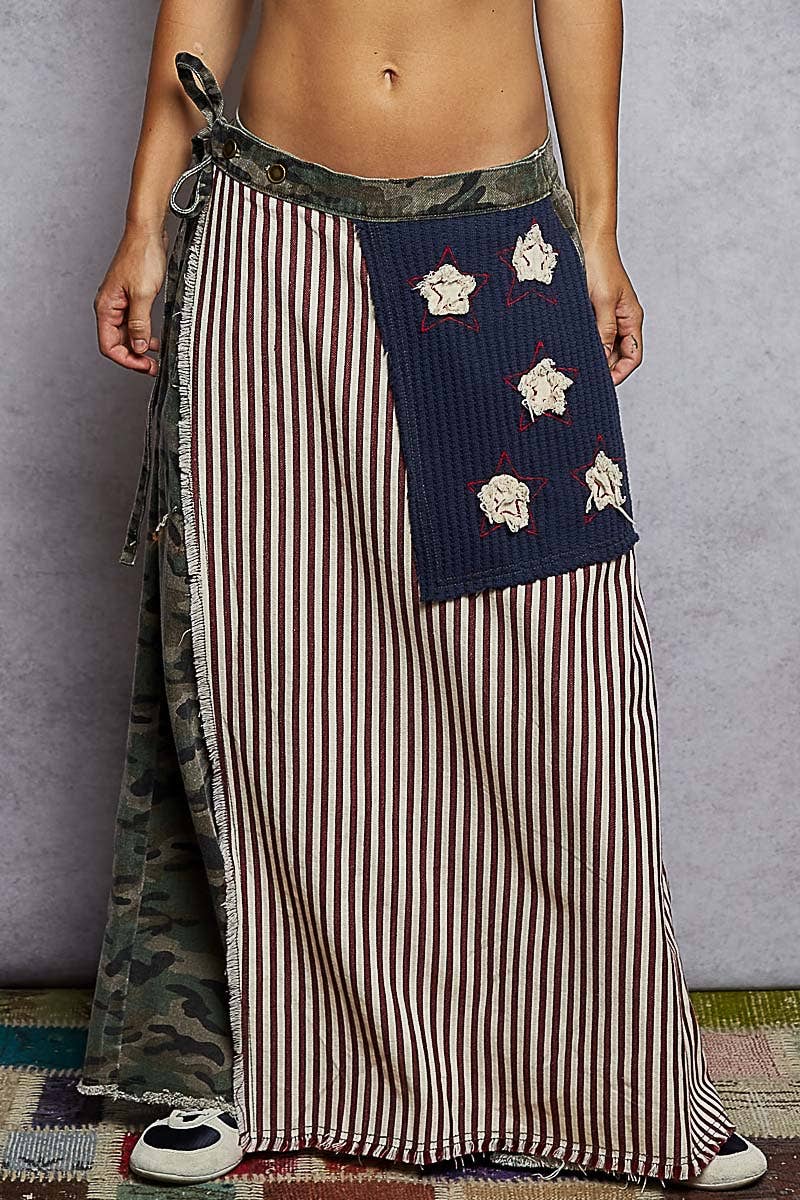 American flag wrapping raw edge camo/solid woven wide pants