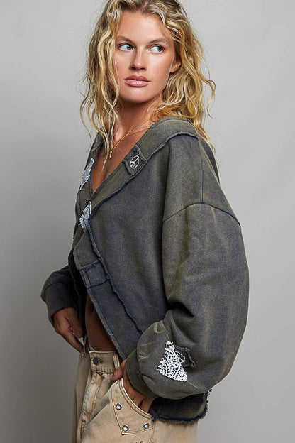V-Neck Crochet Patch Cross Wrap Cropped Terry Top