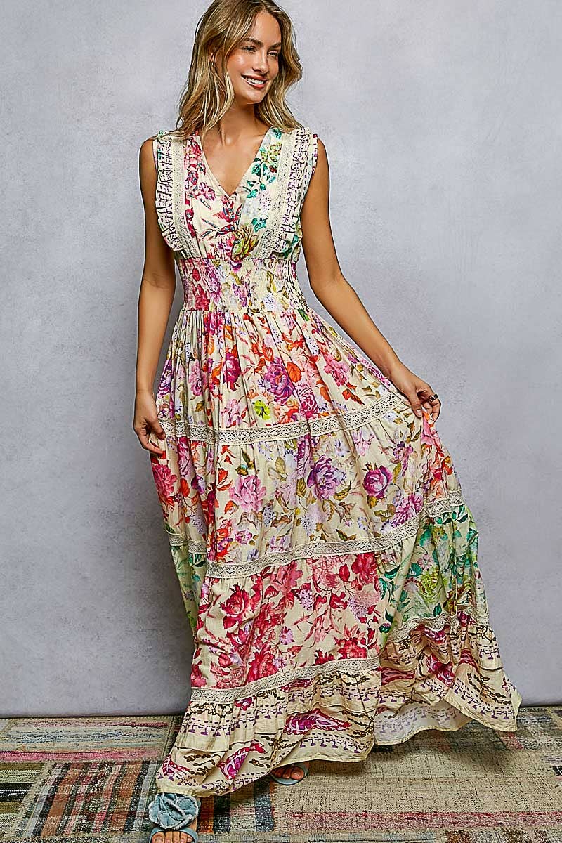 Smocked Waist Ruffle Floral Maxi Dress