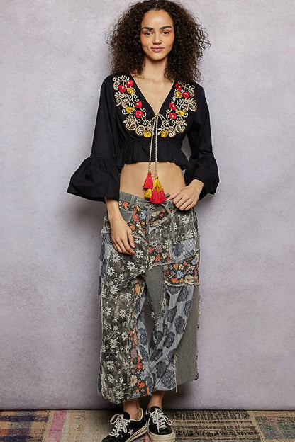 3/4 Sleeve Embroidered Bead Neck Loop Tassel Cotton Top
