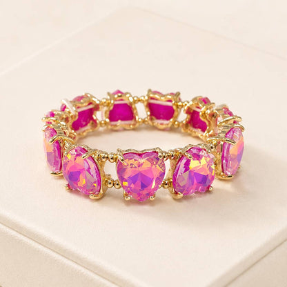 Love Heart Glass Crystal Bead Linked Stretch Bracelet