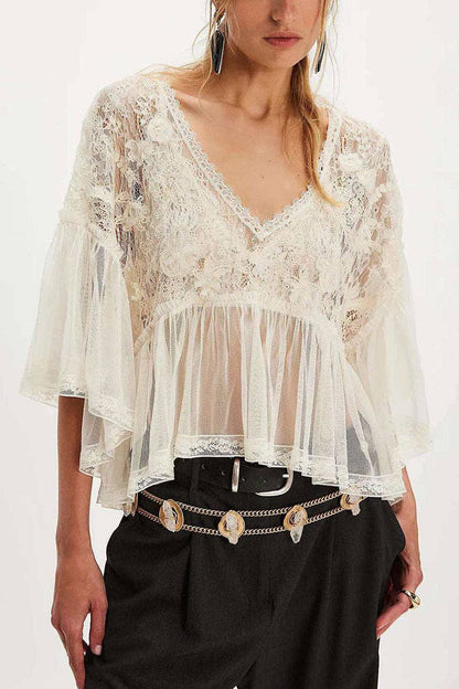 Sheer Lace Bell Sleeve V-Neck Top