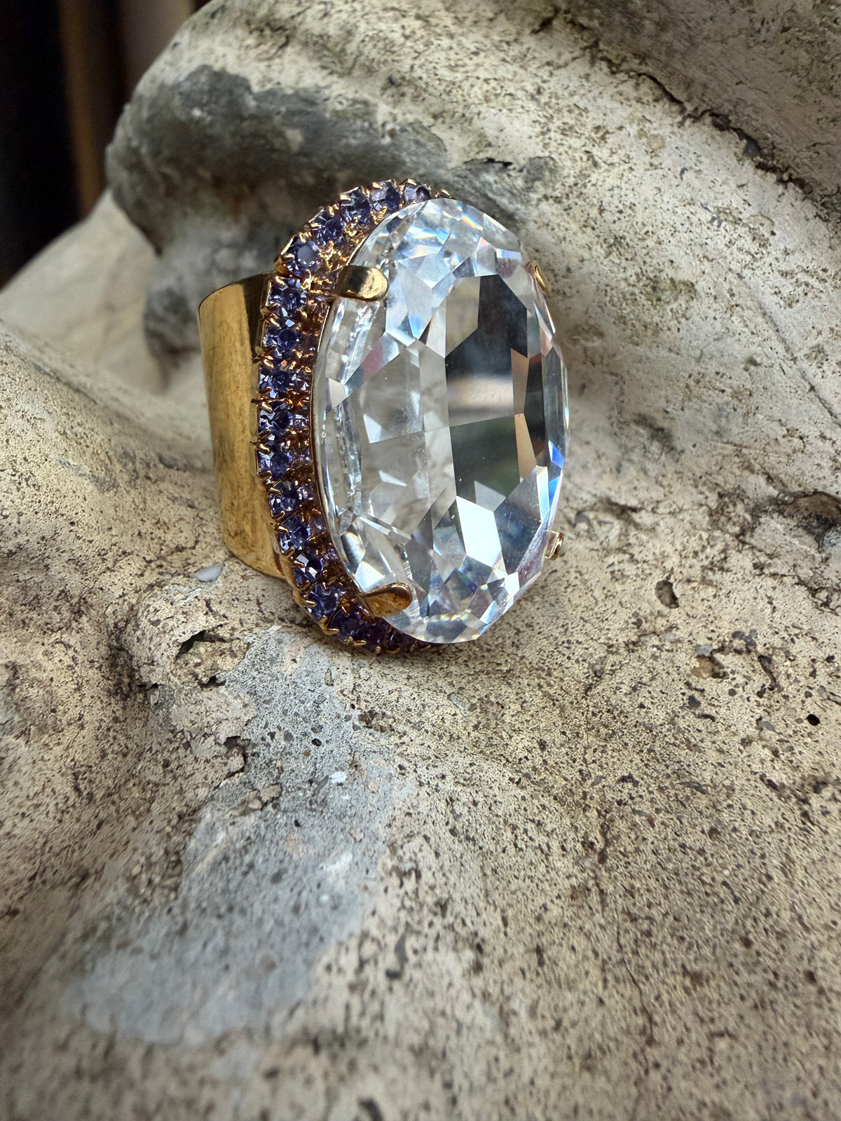 WETSTONE: Clear with Tanzanite Trim Liz Taylor Ring