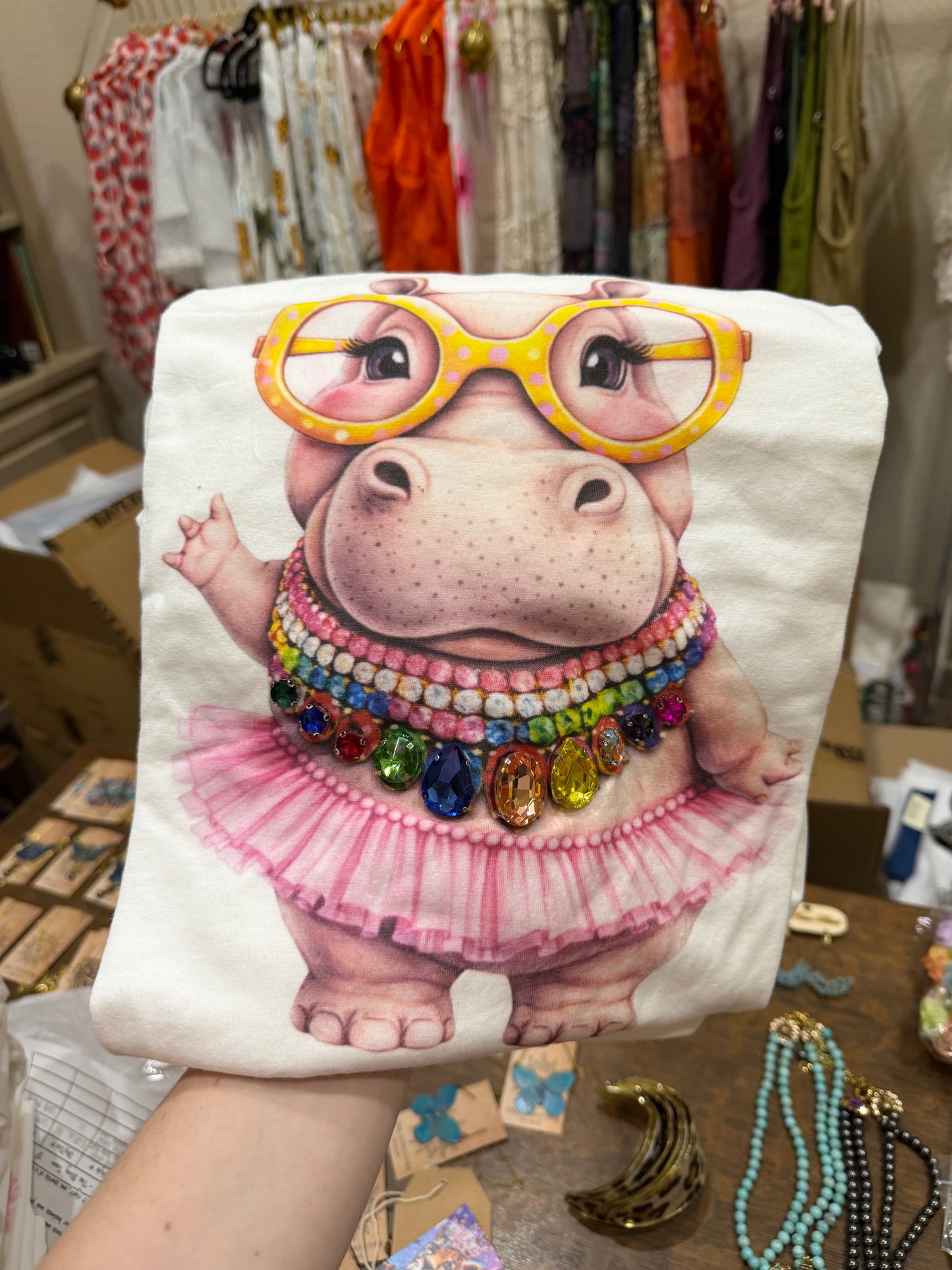 Jeweled Collar Waving Tutu Hippo on White Crew t-shirt