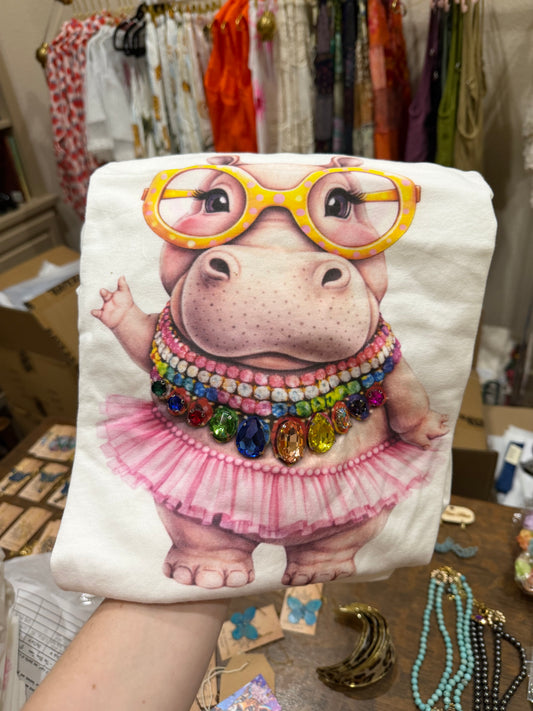 Jeweled Collar Waving Tutu Hippo on White Crew t-shirt