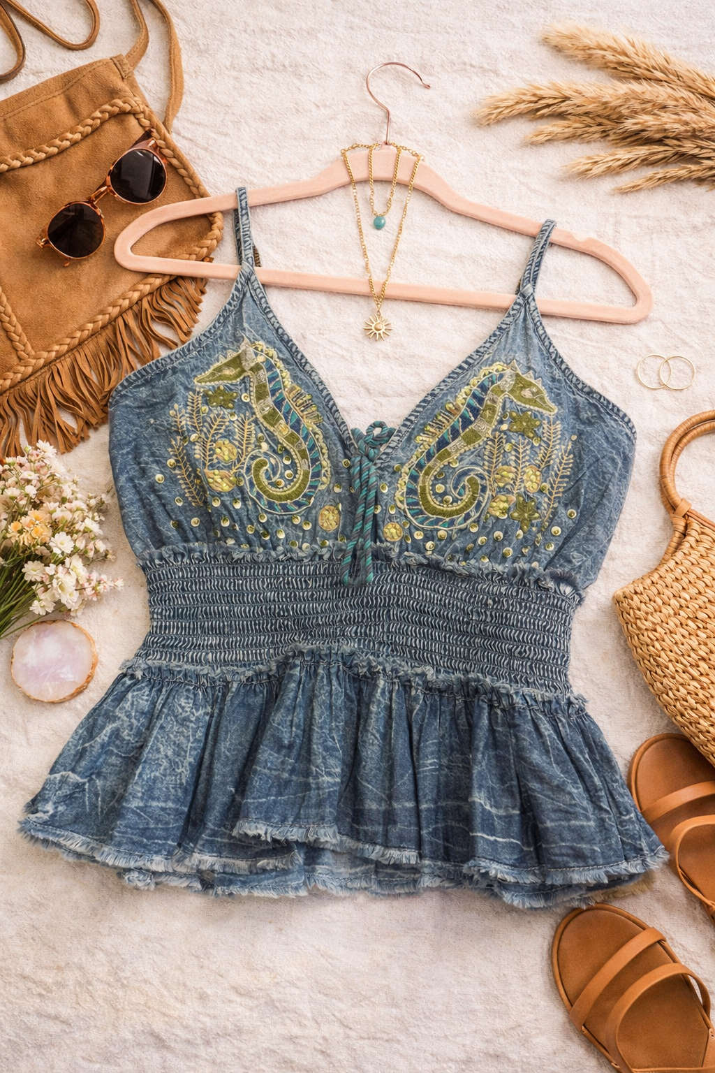 V-Neck Embroidered Seahorse Smocked Waist Denim Sleeveless Top