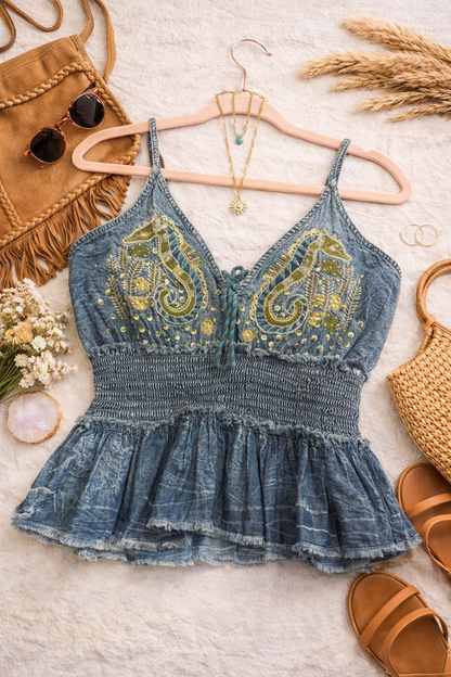 V-Neck Embroidered Seahorse Smocked Waist Denim Sleeveless Top