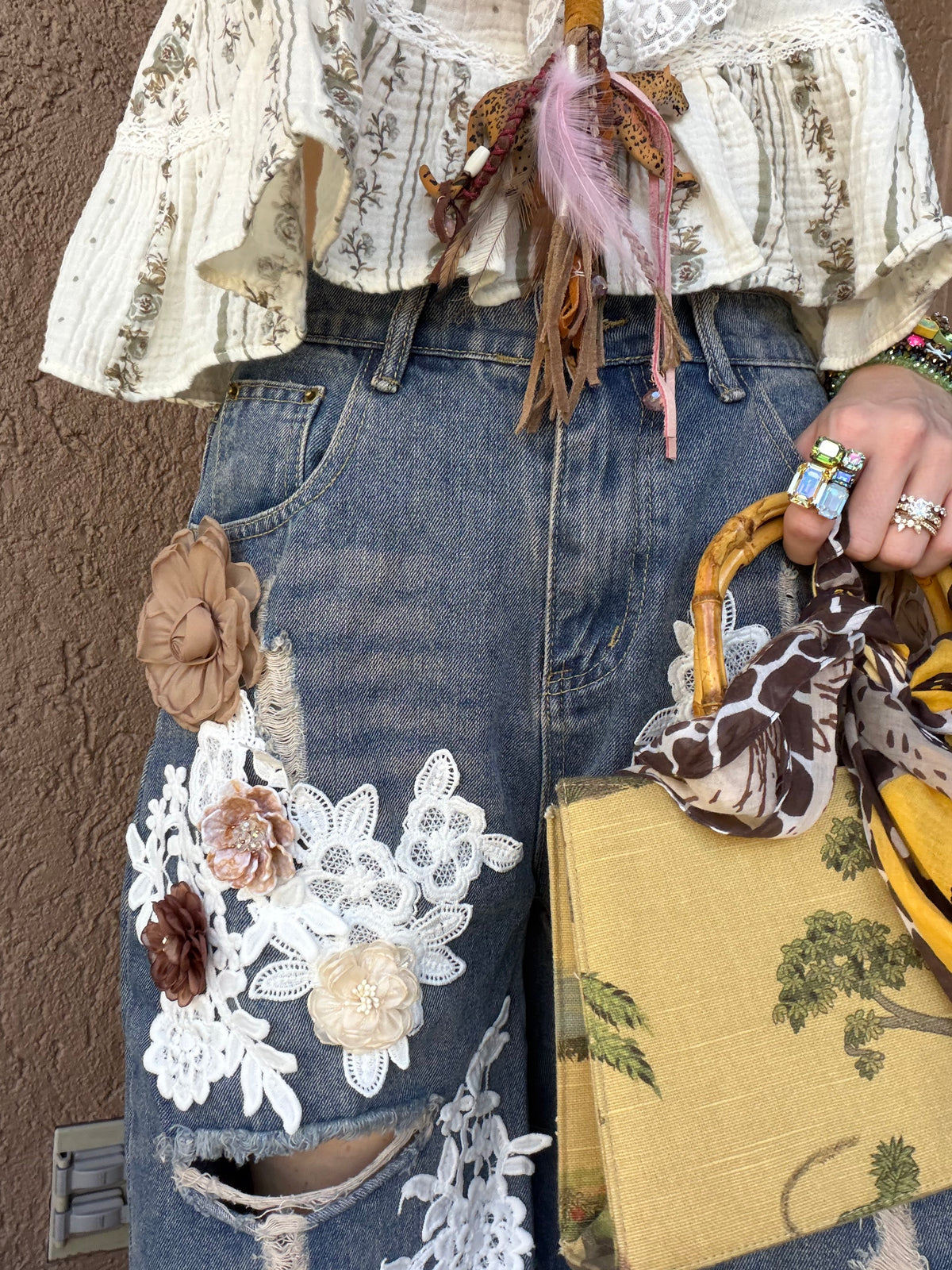 Floral Lace Embellished Denim Shorts