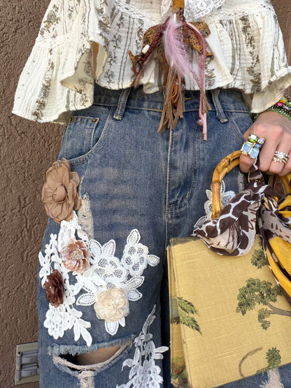 Floral Lace Embellished Denim Shorts