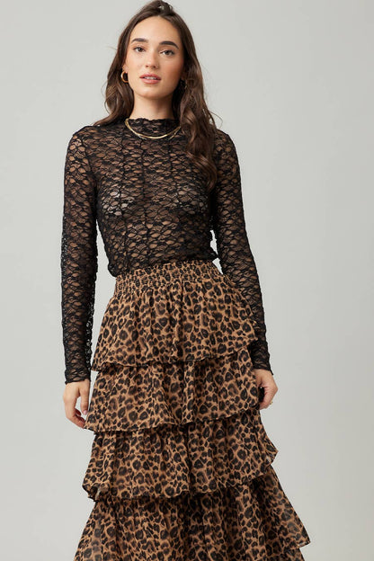 Leopard Print Tiered Ruffle Maxi Skirt