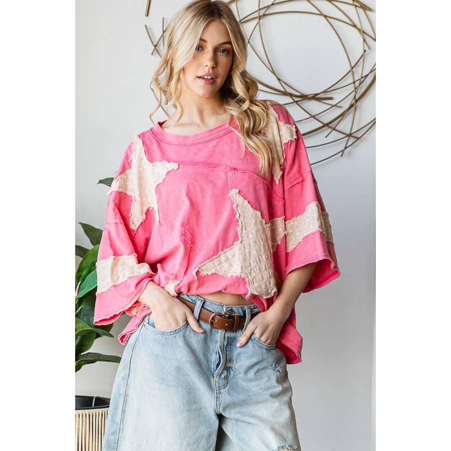 WASHED STAR PATCHWORK SHORT SLEEVE OVERSIZED TOP