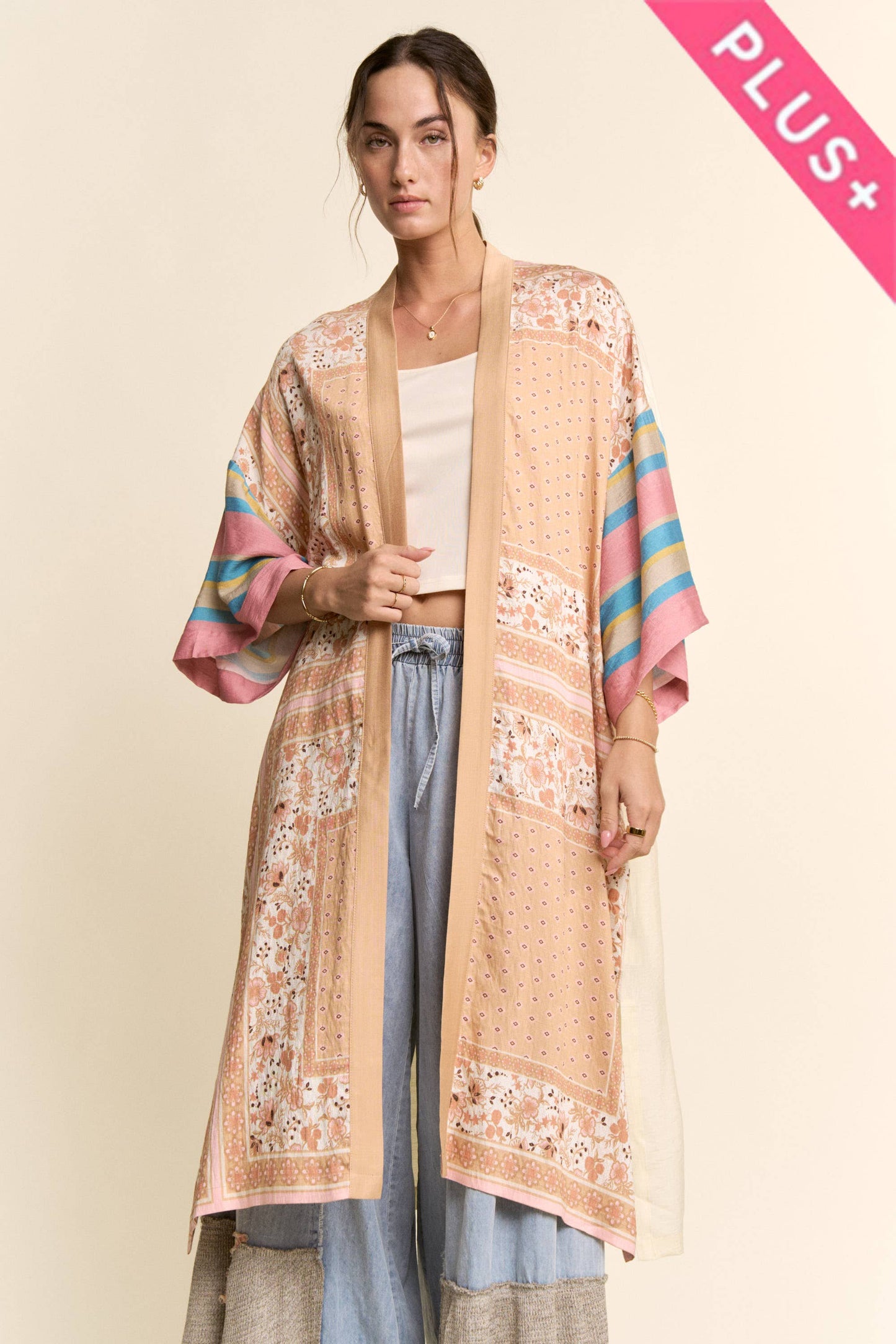 PLUS GARDEN WHIMSY CAT PRINTED BACK KIMONO DUSTER