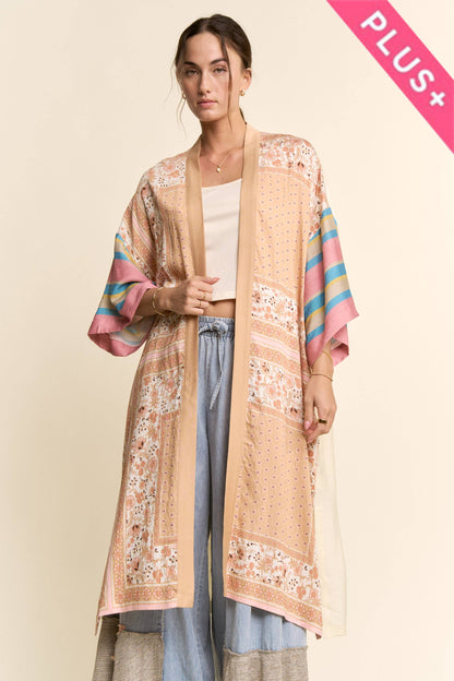 PLUS GARDEN WHIMSY CAT PRINTED BACK KIMONO DUSTER