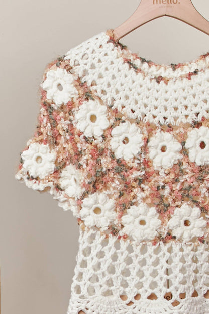 Beige and Pink Round Neck Crochet Knit Top with Floral Patch