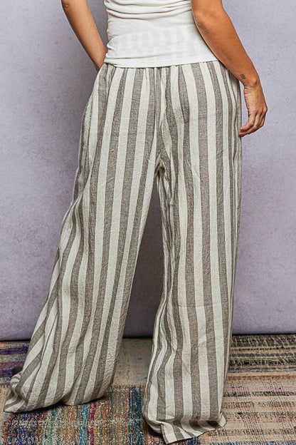 Stripe Elastic Waist Band Linen Wide Pants