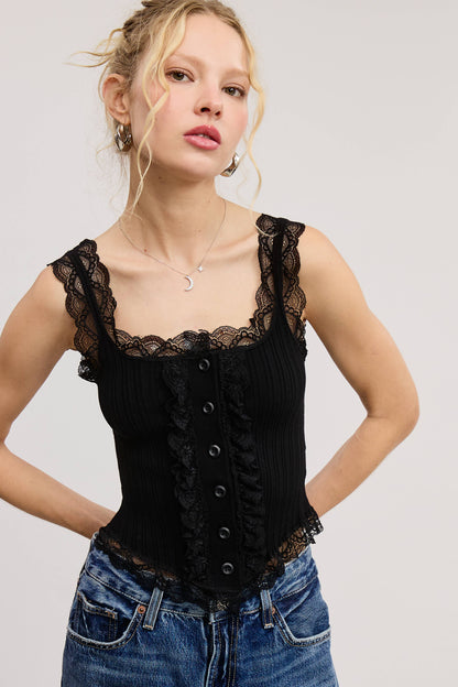 Scalloped Lace Trim Corset-Bodice Knit Tank Top