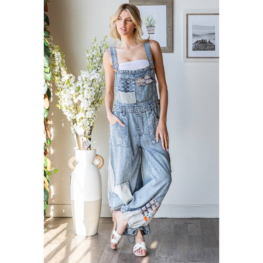 WASHED MULTI PATCHWORK TENCEL OVERALLS