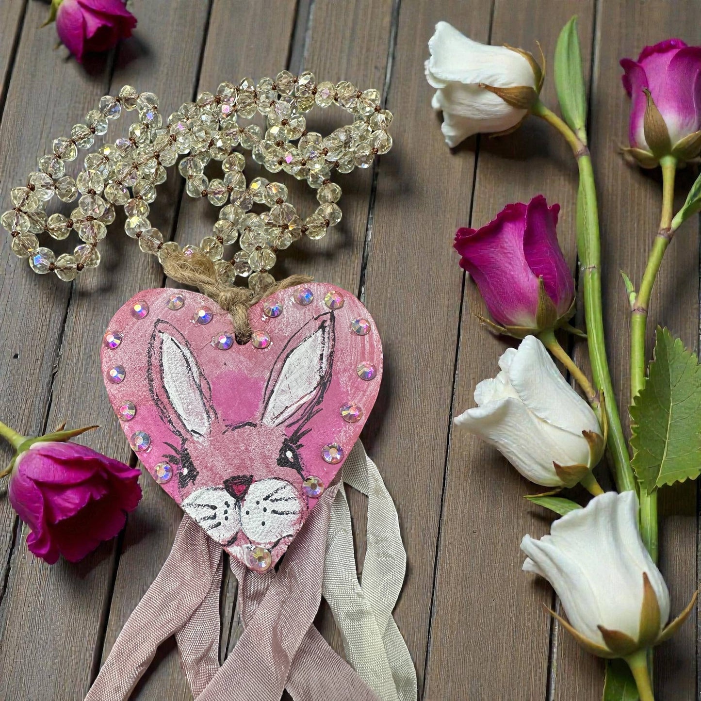 Hand Painted Bunny Wooden Heart