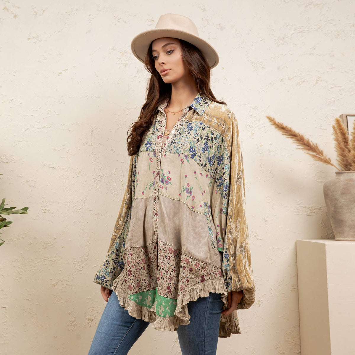 Vintage Mixed Print Patchwork Bat Sleeve Top -Ruffle Hem NEW