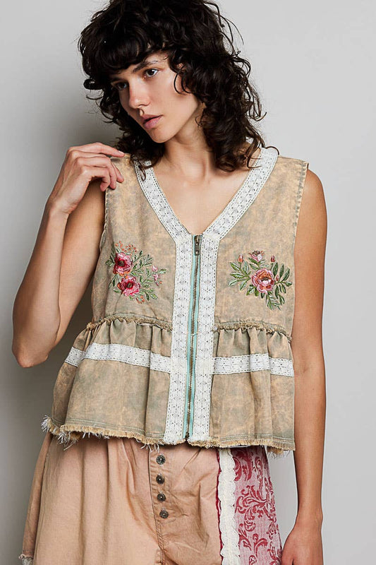 Embroidered Raw Edge Vintage Washing Twill Vest Jacket Top