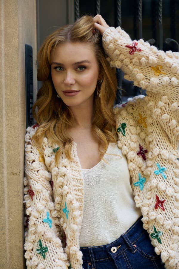 Knitted Cardigan Cross Pom Pom