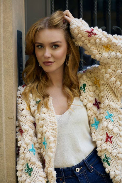 Knitted Cardigan Cross Pom Pom