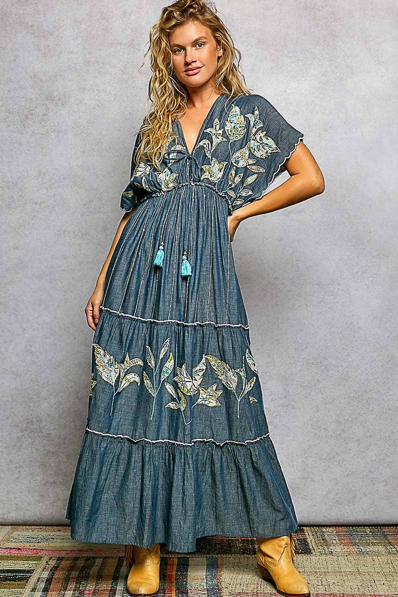 Embroidery Ruffle Cotton Denim V-Neck Long Dress