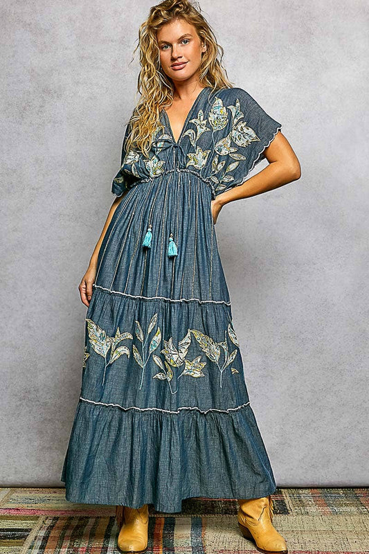 Embroidery Ruffle Cotton Denim V-Neck Long Dress