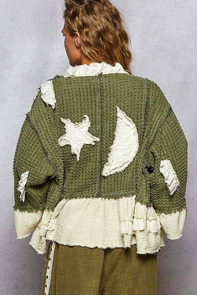 3/4 sleeve double gauze ruffle star denim woven jacket