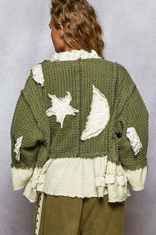 3/4 sleeve double gauze ruffle star denim woven jacket