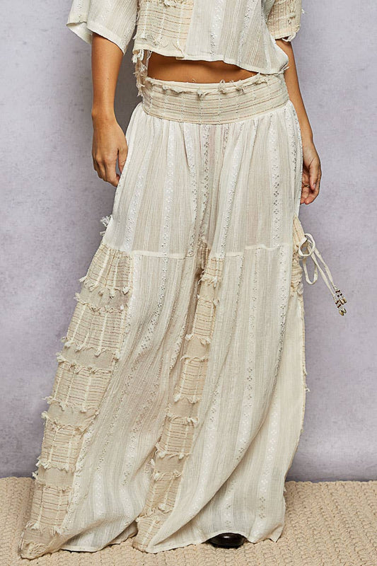 Boho Ruffle Contrast Shell Trim Wide Leg Pants