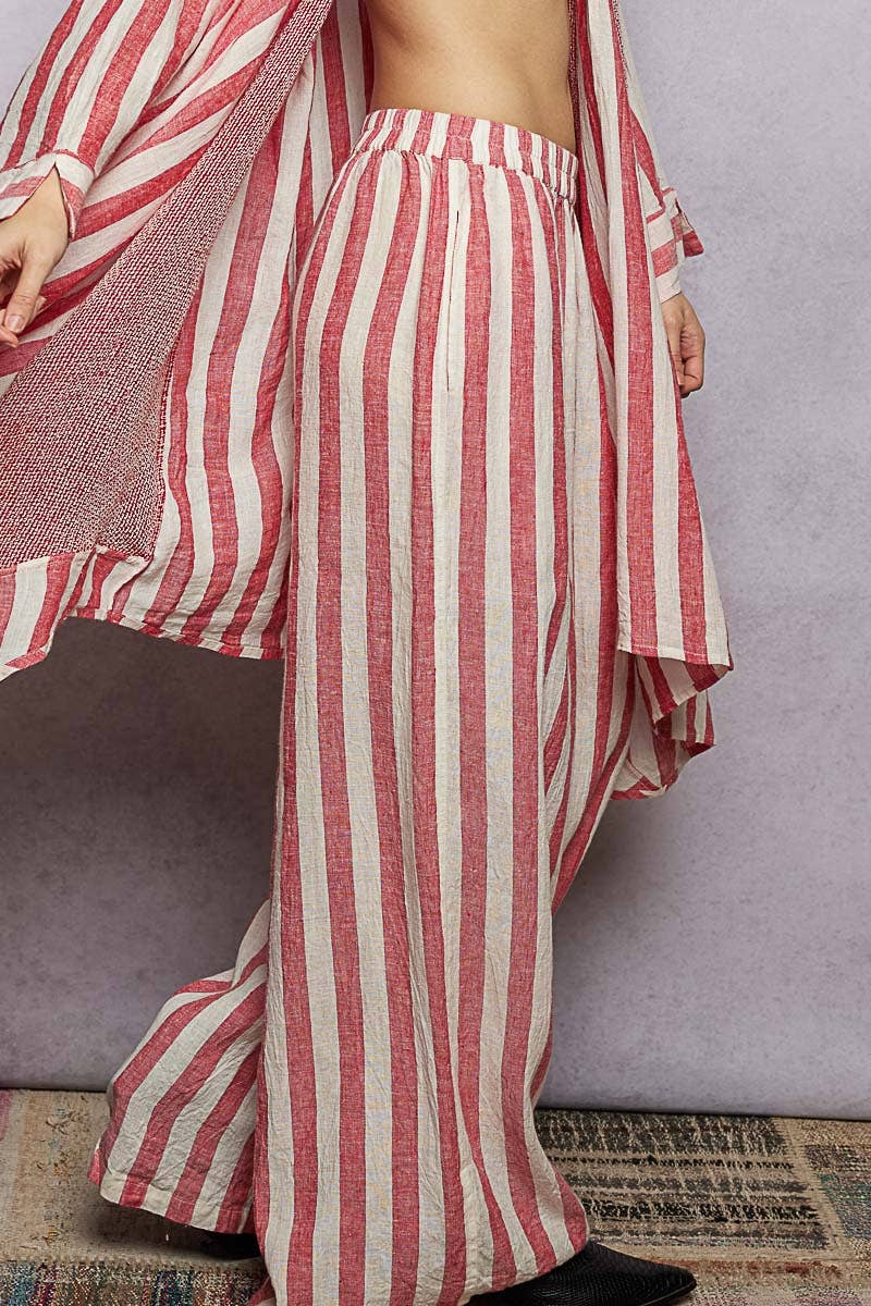 Stripe Elastic Waist Band Linen Wide Pants