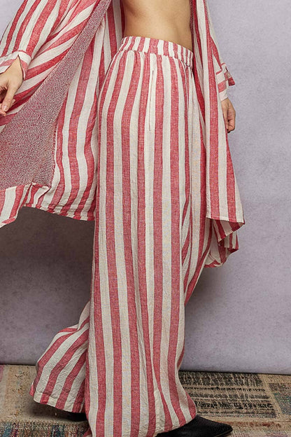 Stripe Elastic Waist Band Linen Wide Pants