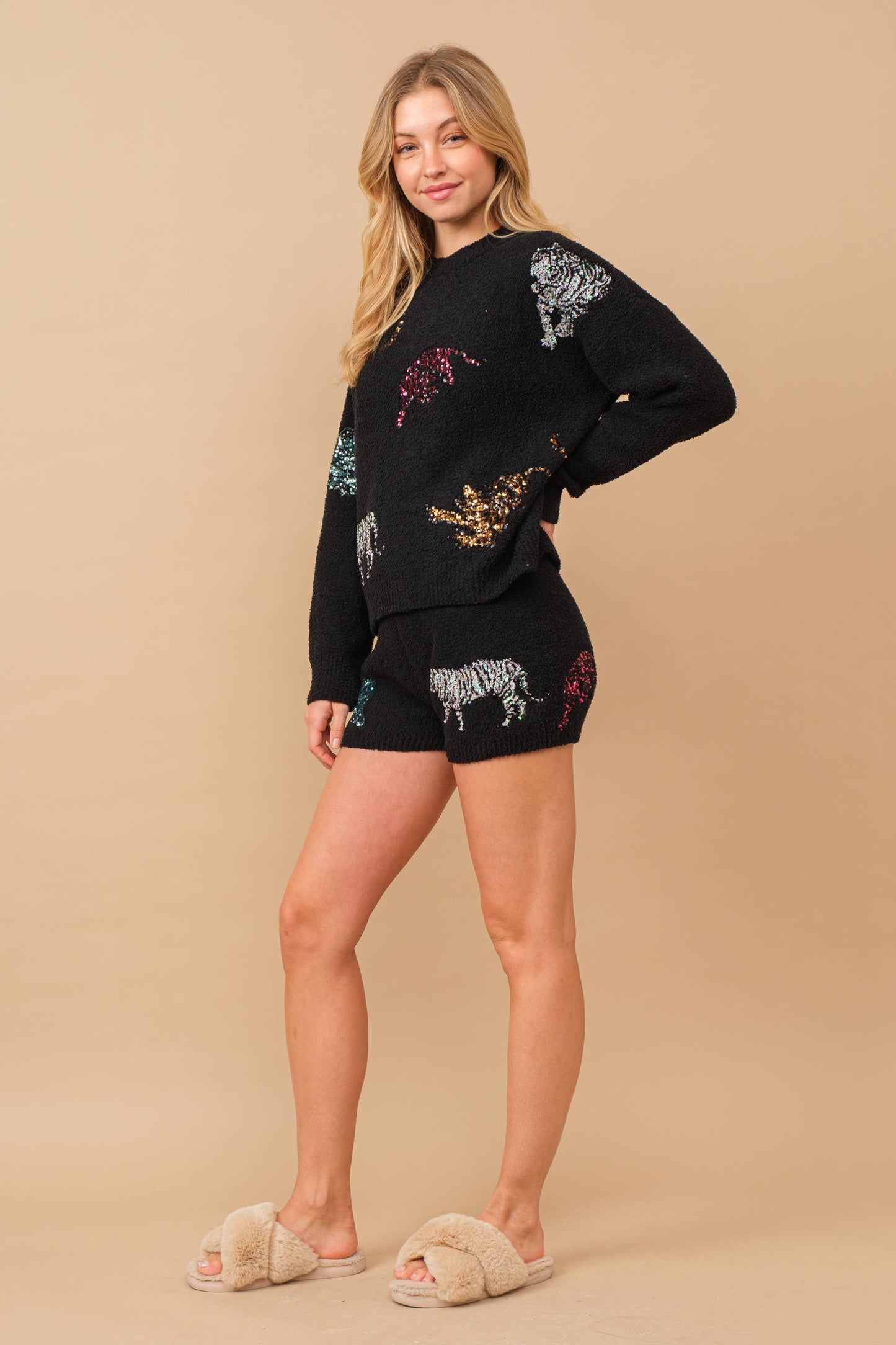 Cozy Multi Tiger Sequin top with Matching Shorts
