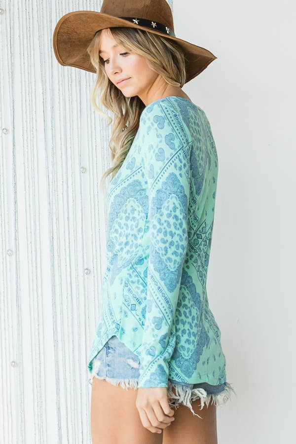 Paisley Print Snap Button Down Henley Top