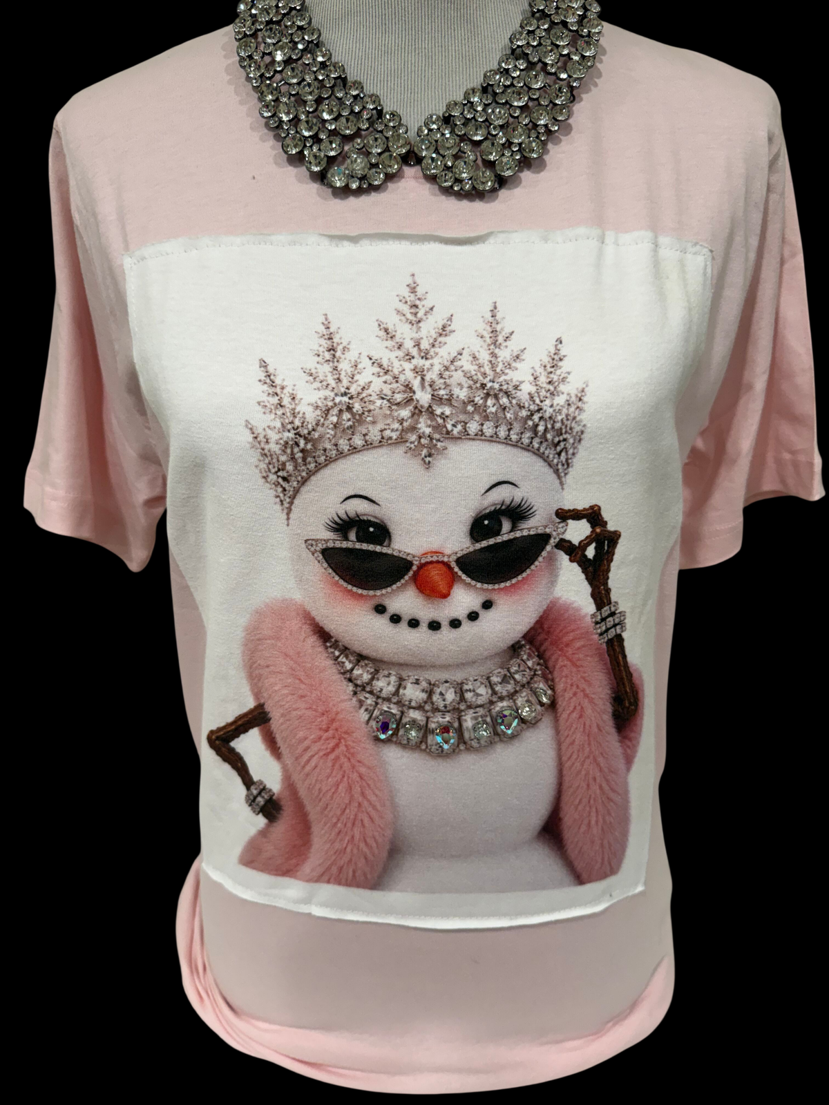 Jeweled Collar Fancy Snowlady patch on Light Pink Crew