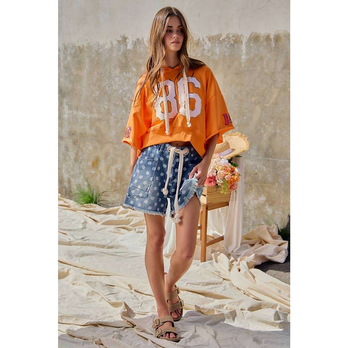 POLKA DOT PRINTED DENIM SHORTS WITH WAIST BELT