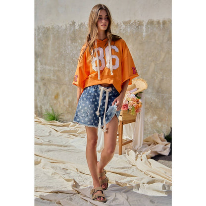POLKA DOT PRINTED DENIM SHORTS WITH WAIST BELT