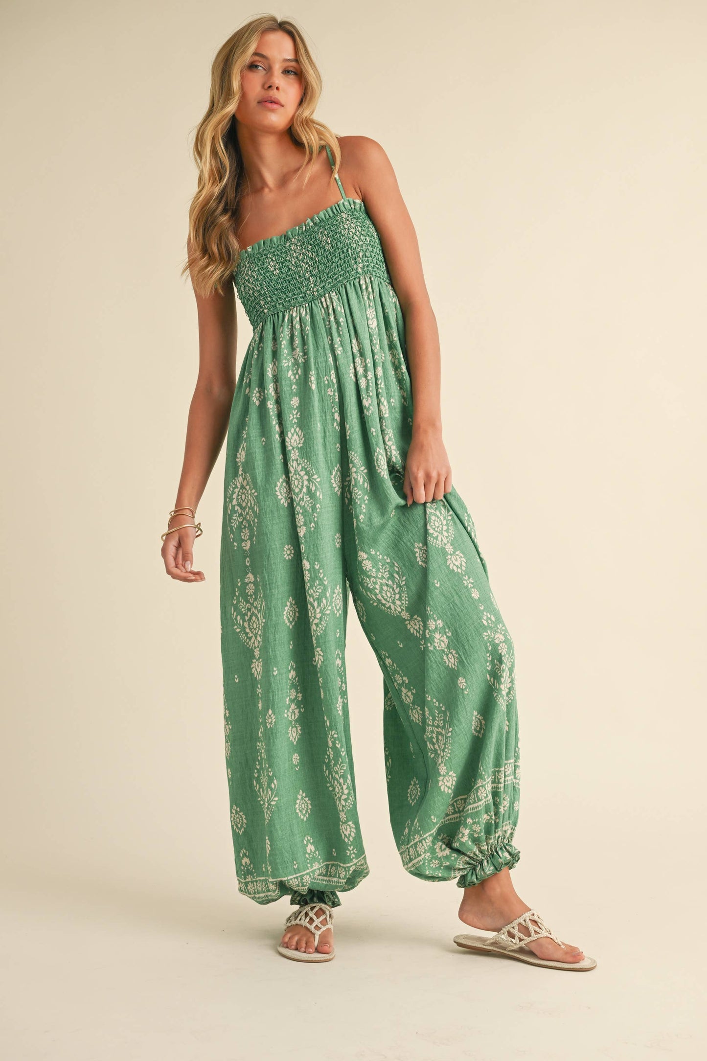 GREEN SMOCKED BALLOON JUMPSUIT