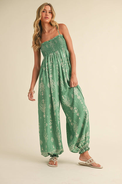 GREEN SMOCKED BALLOON JUMPSUIT