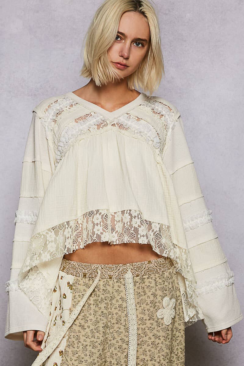 V-neck double gauze lace detail A-line woven top