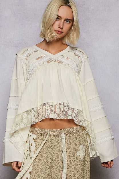 V-neck double gauze lace detail A-line woven top