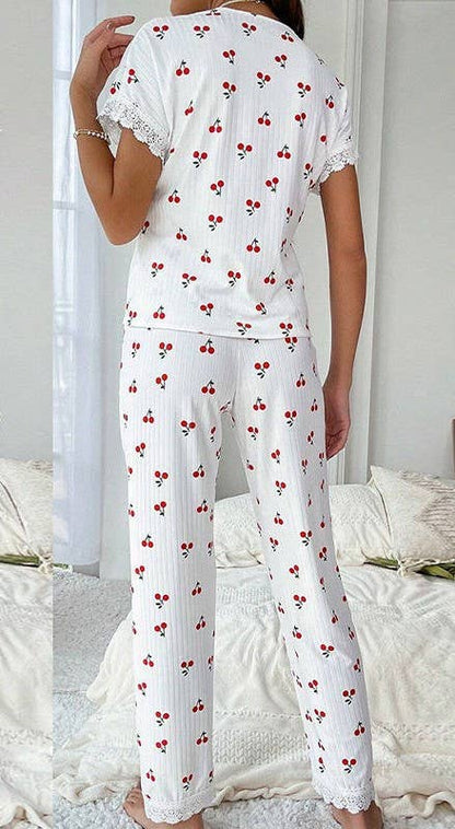 Lace Trim Red Cherry  Lounge Pajama Set