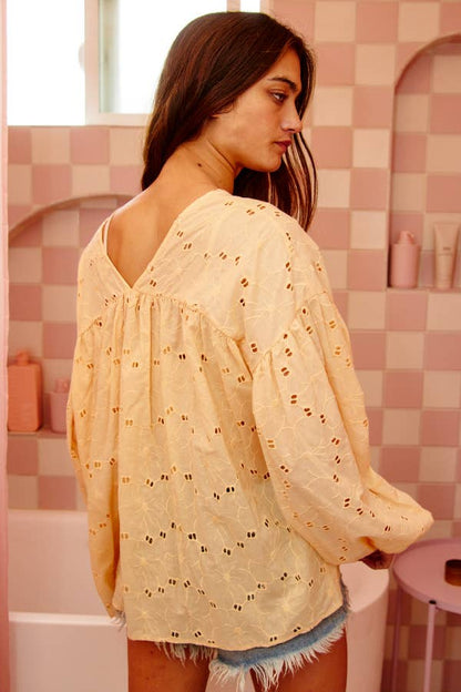 Puff Sleeve Eyelet Lace Babydoll Tunic Top